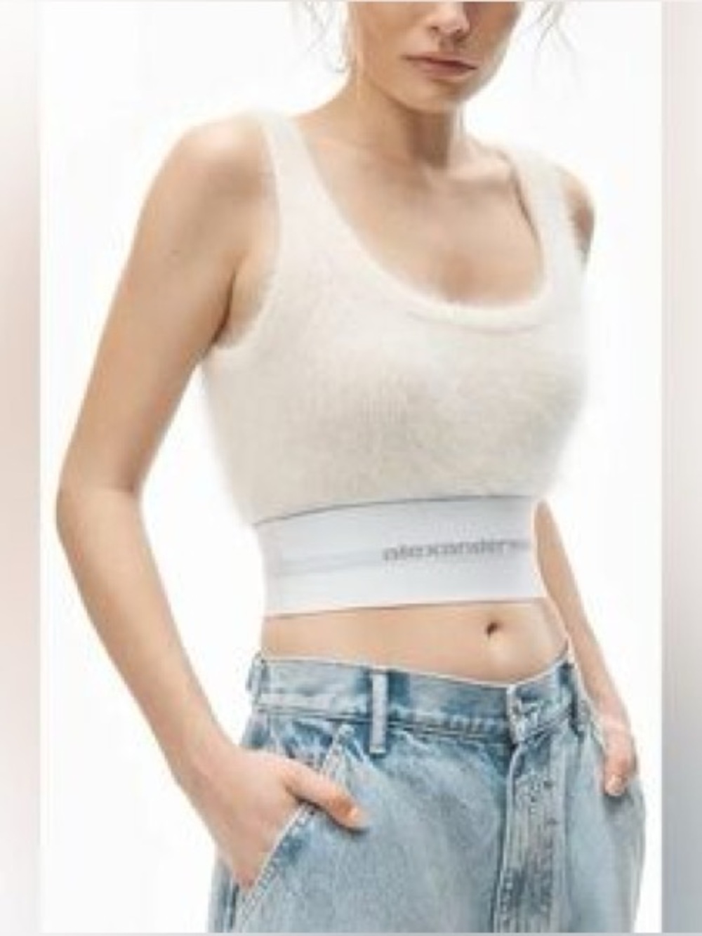 Alexander Wang Cream Fuzzy Knit Tank with Logo Tag